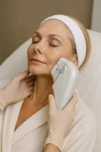 Woman receiving HIFU non surgical facelift treatment Cheltenham