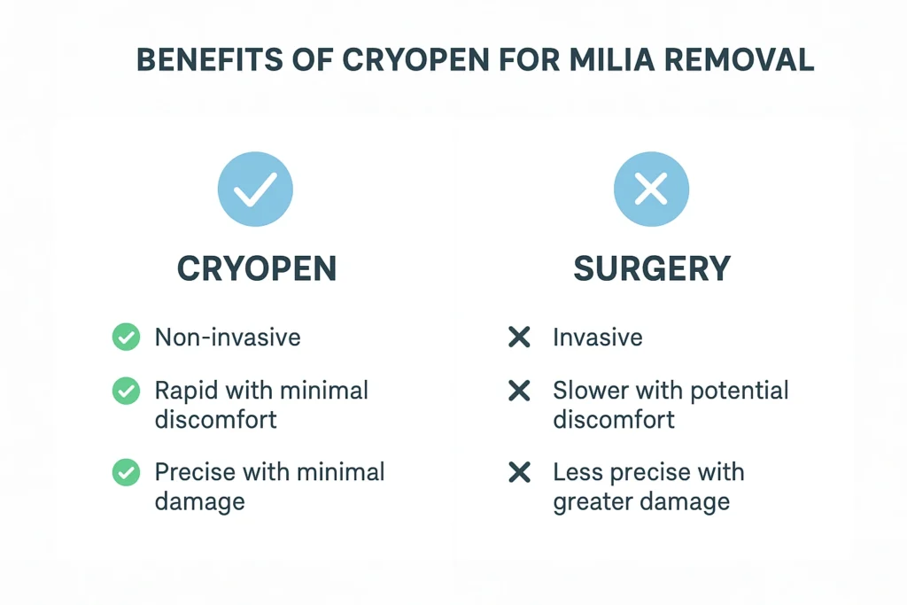 Benefits of cryopen for milia removal Cheltenham compared to surgical treatments.