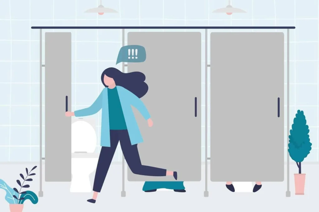 graphic of Urine incontinence Cheltenham woman running to the toilet.