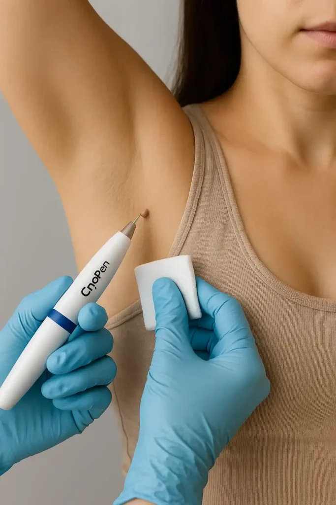 woman having cryopen to remove underarm skin tags Cheltenham