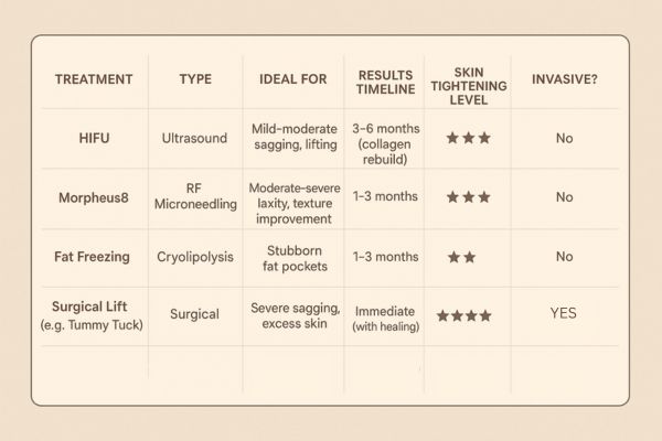Table showing the comparisons of Skin tightening Cheltenham treatment options. 